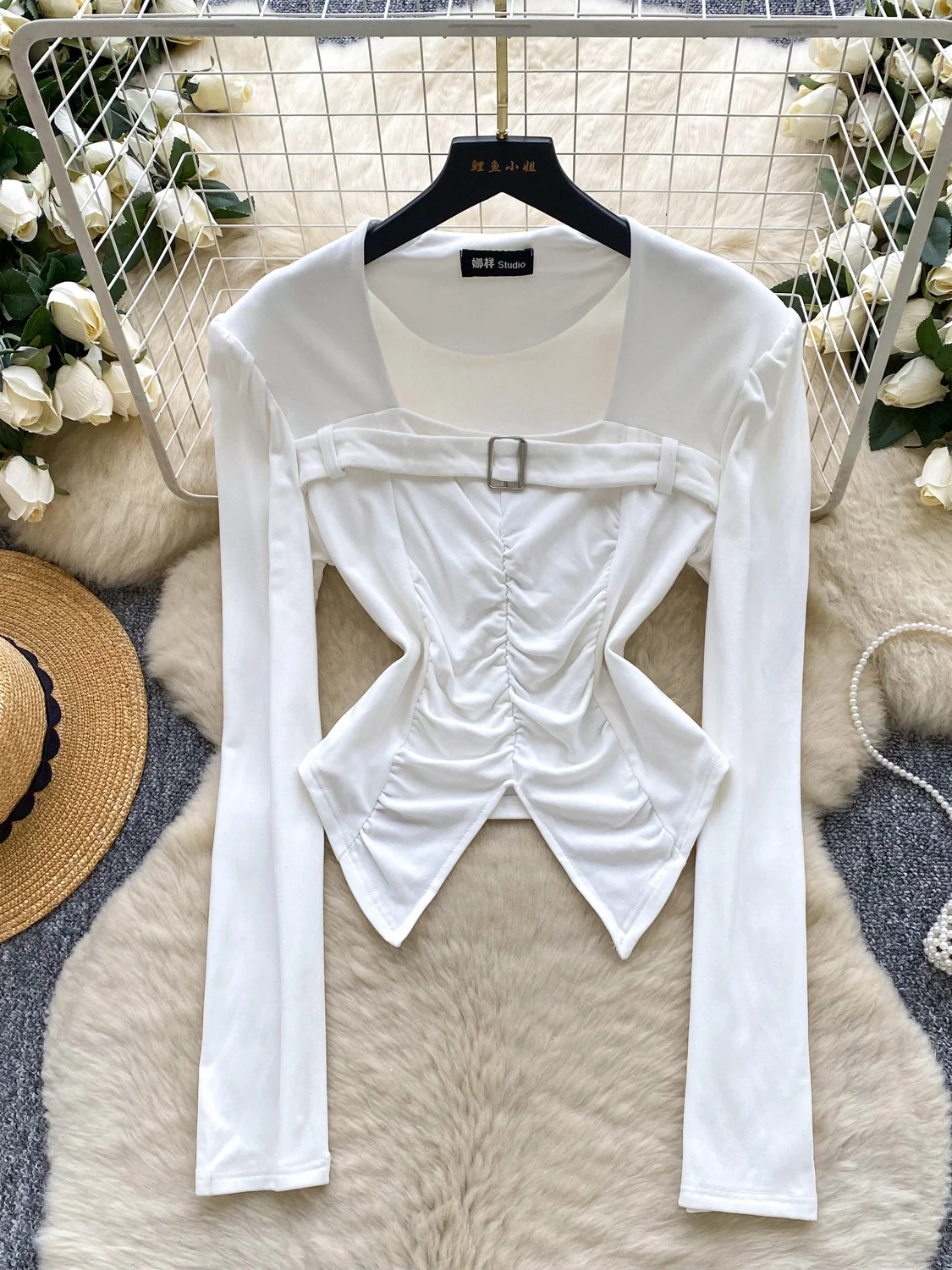 تي شيرت نسائي طويل بياقة مربعة من Ele تي شيرت بخصر وطبقة أساسية لخريف وشتاء تي شيرت متعدد الاستخدامات #1