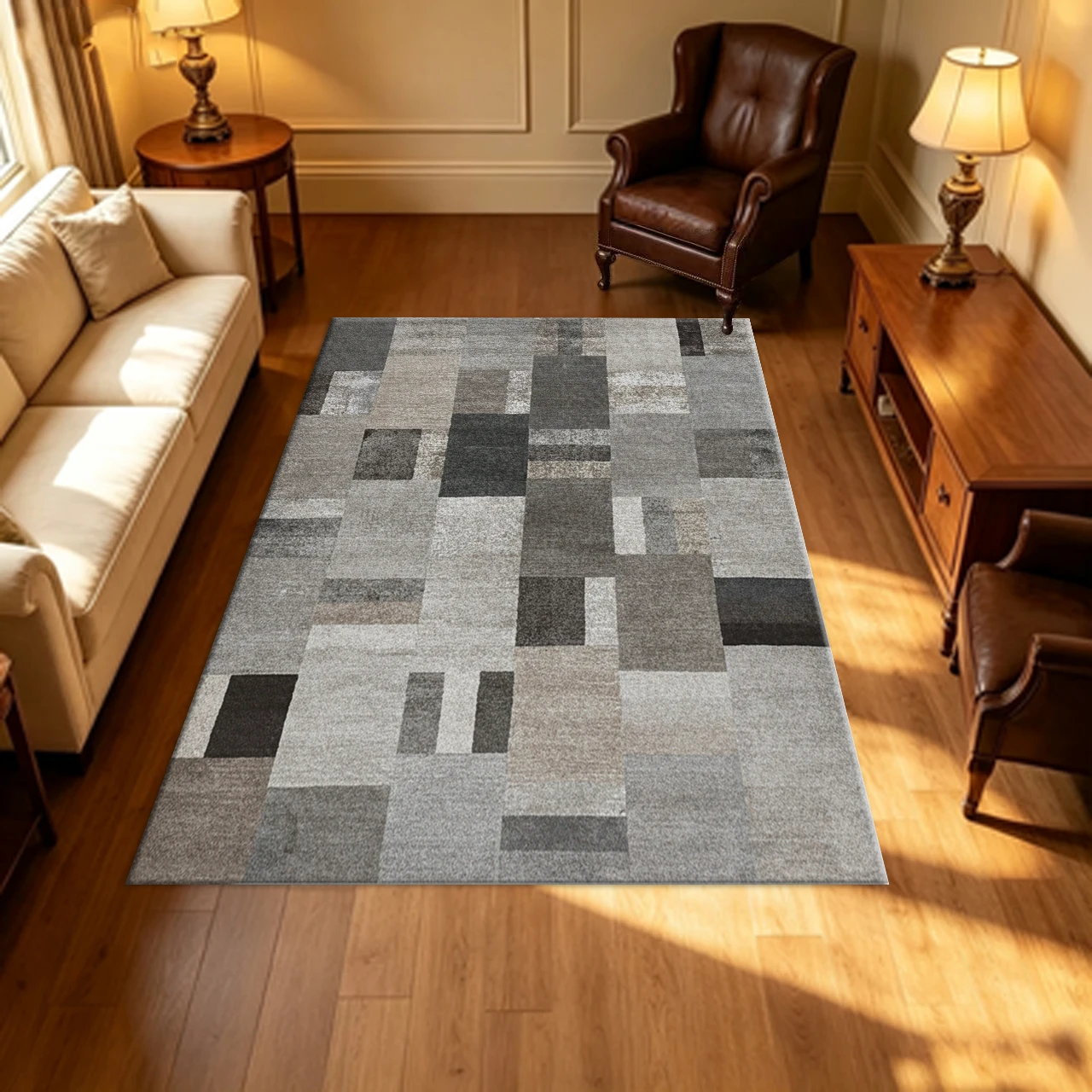 Grey Tone Patchwork Block Geometric Carpet Flooring Modern Industrial Home Decor Large Area Rug for Living Room Office