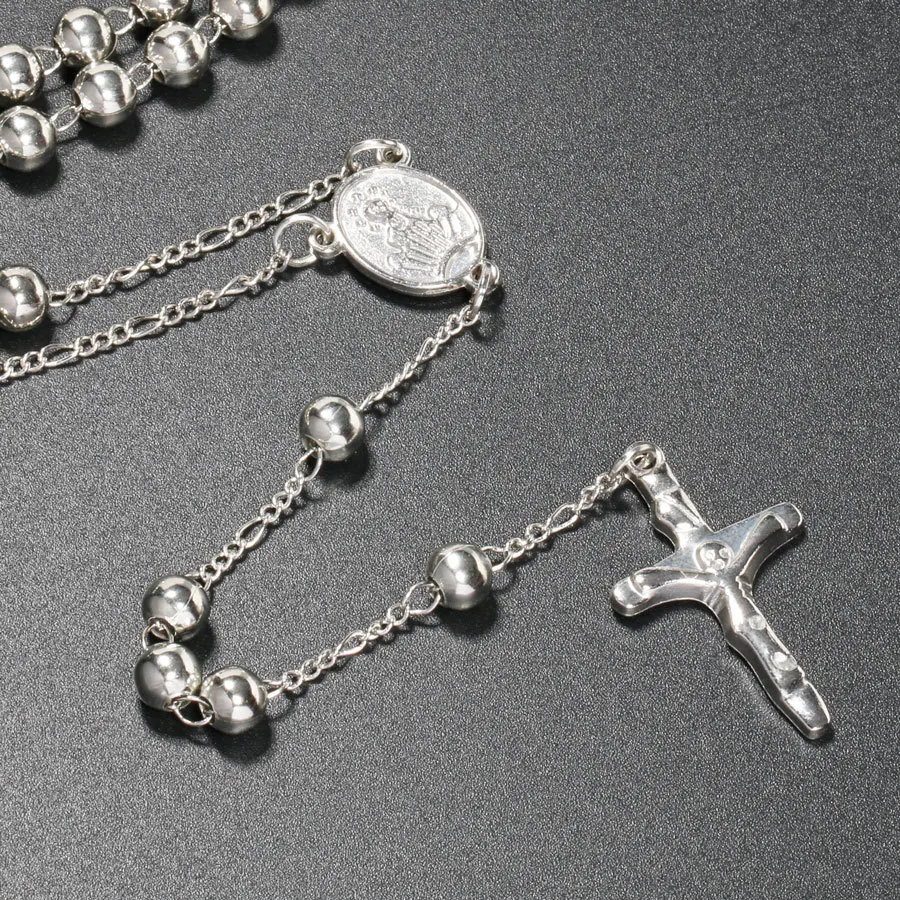 Catholic Rosary Pendant Necklaces For Women 6MM Beads Chain Crucifix Cross Long Necklace Men Religious Praye Jewelry