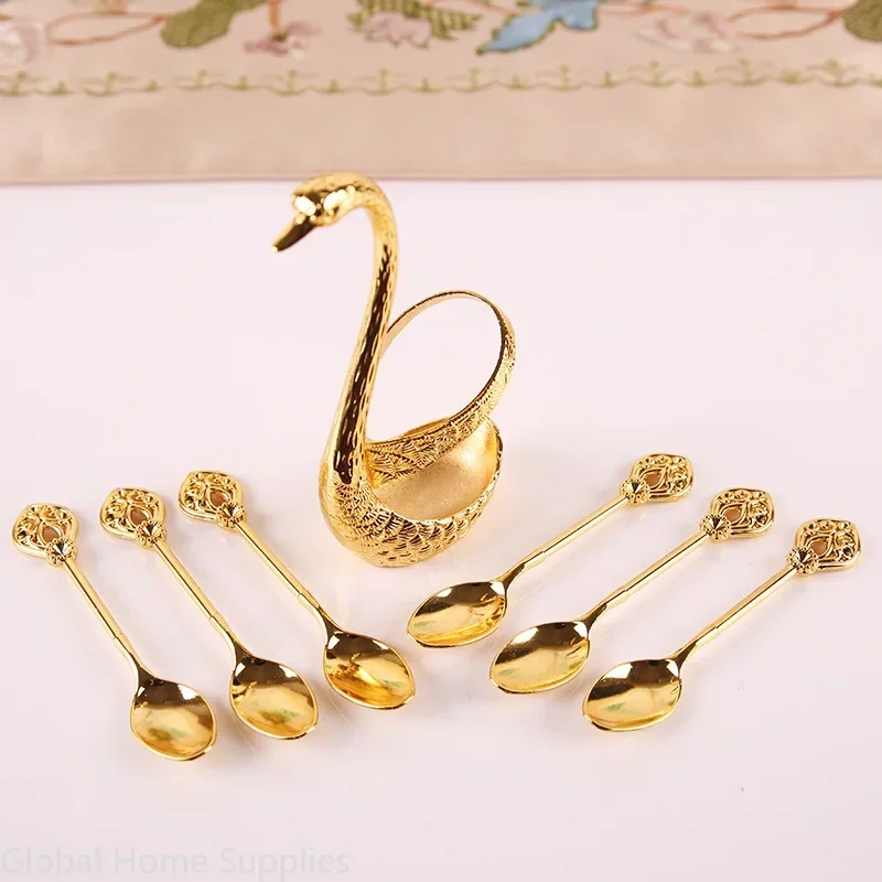 

Creative Alloy Tableware Set Swan Base with 6 Spoons of Coffee Fruit Dessert Stirring Teaspoon Fashionable Dessert Fork