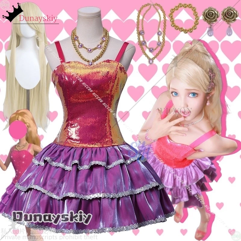 

Anime Dream Movie Houseeee Cosplay Fashion Hot Pink Mini Sling Top Sparkling Y2K Cake Dress Jirai Kei Girls Lolita HalloweenSuit
