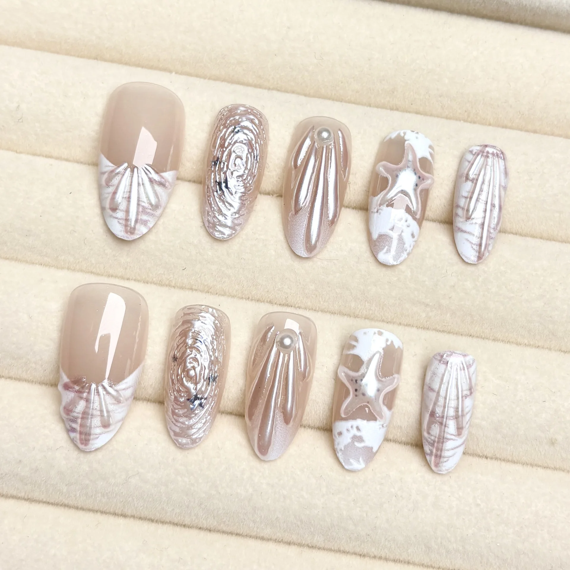 10pcs Almond Shaped Press-on Nails Set with 3D Dimensional Starfish Pearl Shell Mixed Color System False Nails for Women/Girls