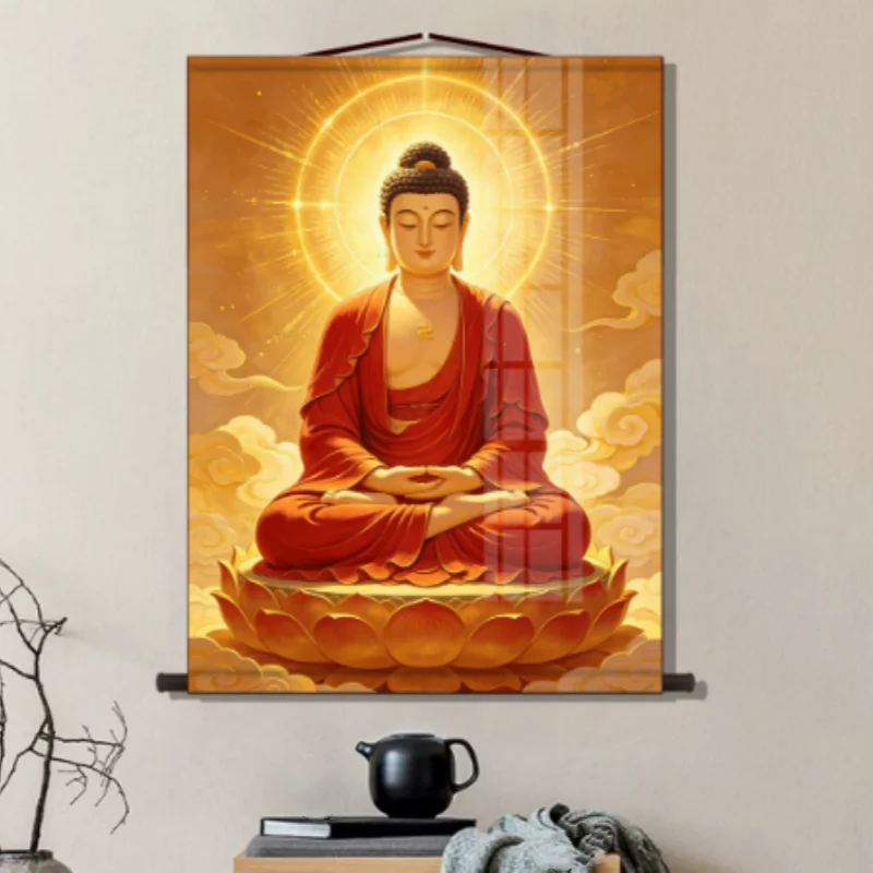 

Traditional Amitabha Buddha Hanging Scroll, Buddhist Hall Silk Tapestry, Meditation Room Wall Art & Shrine Ornament