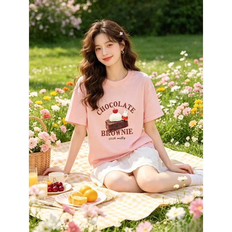 

Новый корейский милый мультяшный комплект с кроликом Миффи: хлопковая футболка с круглым вырезом и коротким рукавом, креативный модный дизайн, подарок для пары