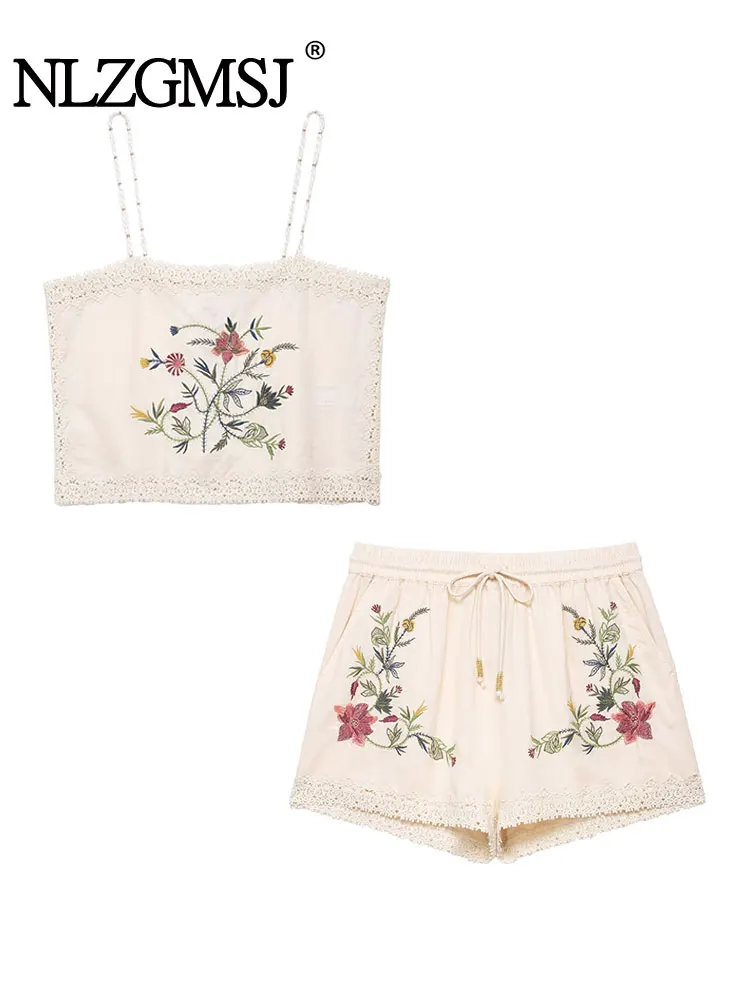 

2025 New Casual Shorts Sets For Women Embroidery Decoration Sling Short Tops 2 Piece Set Summer Women Outfit