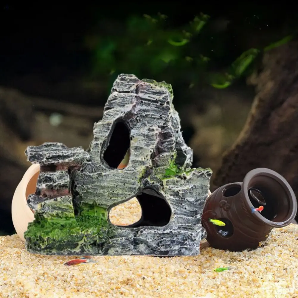 

1PC Simulation Durable Resin Rock Shape Fish Hiding Cave Fish Tank Fake Mountain Ornament Fish Shrimp Shelter