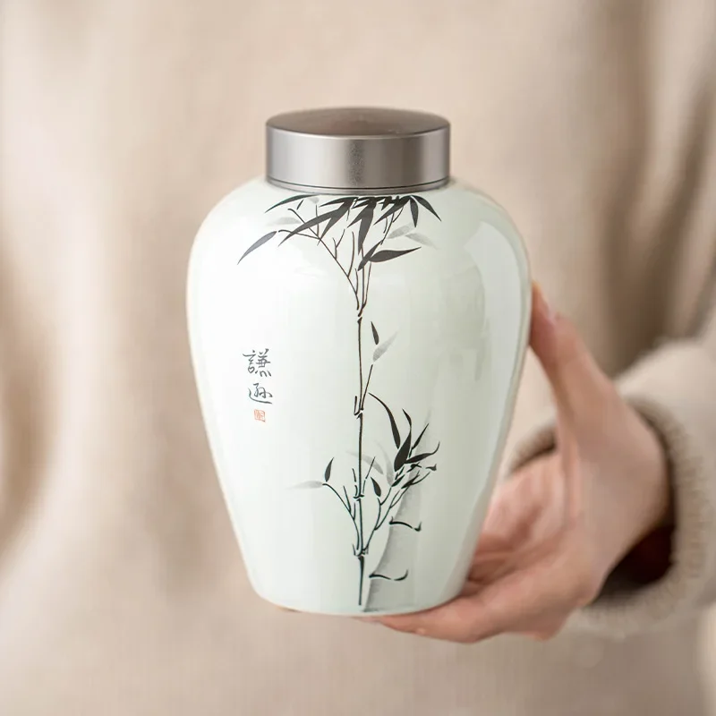 Plant Ash Tea Cans, Ink Bamboo Tin Cover Storage Cans, Large Storage  Moisture-Proof Sealed  Empty Ceramic