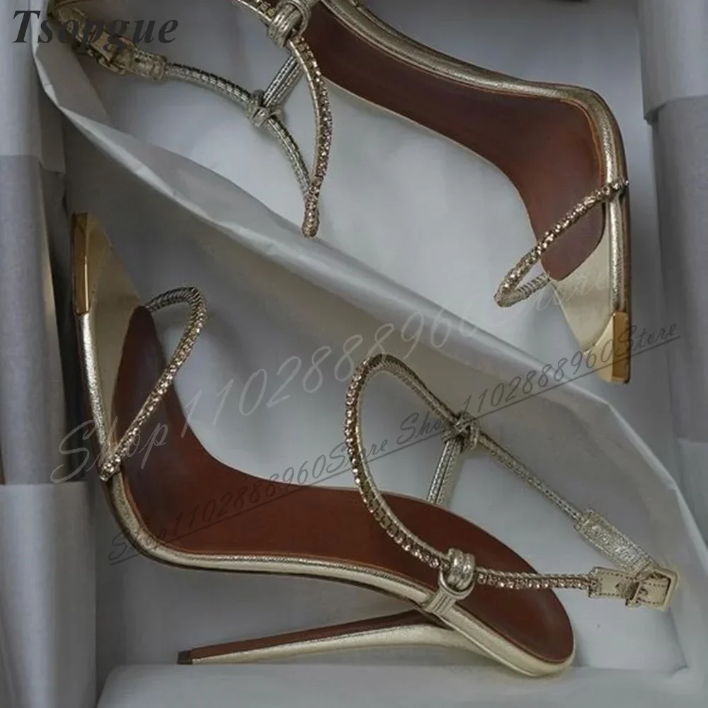 

Luxury Gold Narrow Crystal Strap Sandals Thin High Heel Women Shoes Ankle Buckle Strap Open Toe 2026 Fashion Zapatos Para Mujere