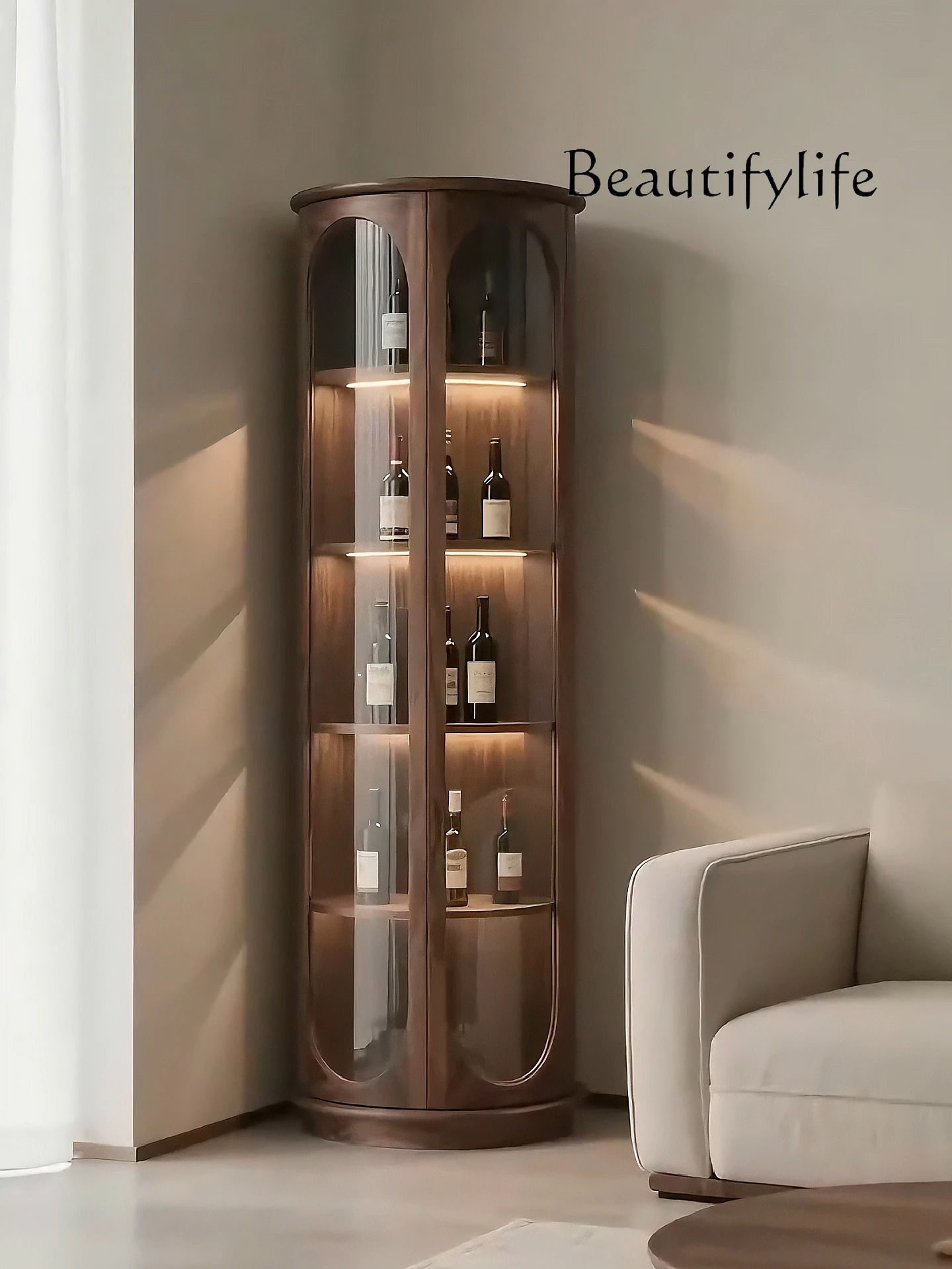 

Black walnut glass wine cabinet Modern light luxury double door display cabinet Living room solid wood round decoration