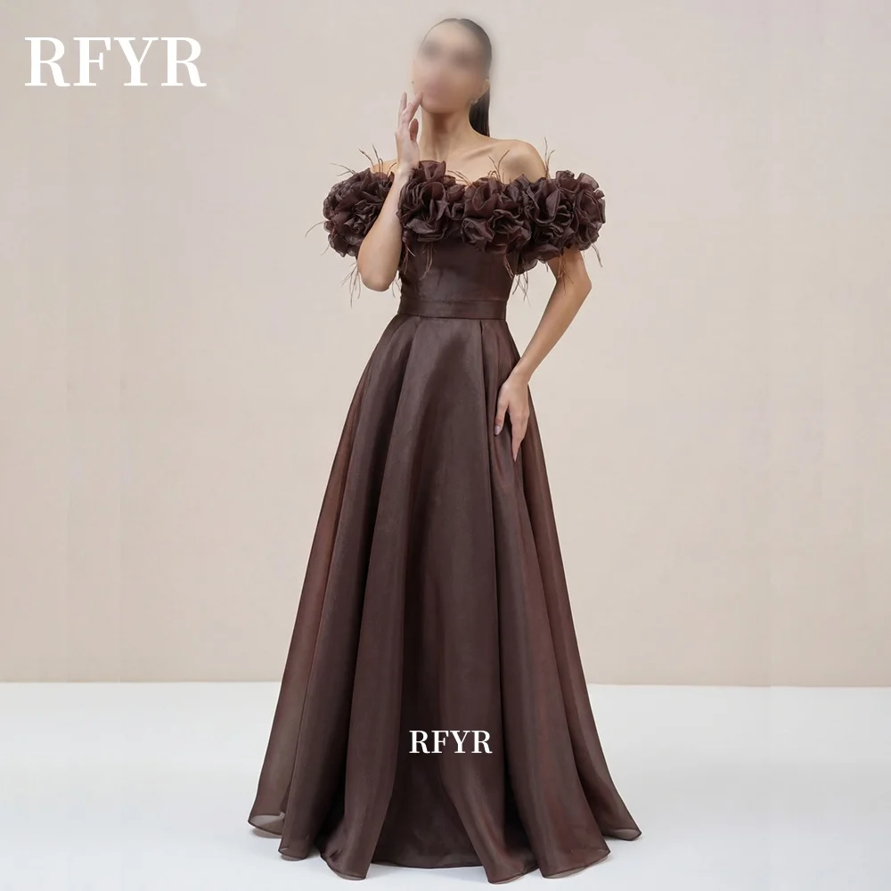 

RFYR Off Shoulder Evening Dress with Feathers Prom Dress 3D Flowers Party Dress فساتين مناسبة رسمية Customized