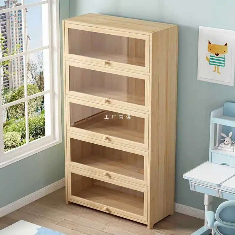 Bookcase with door, dustproof solid wood bookshelf, shelf floor-to-ceiling, home children's American living room,