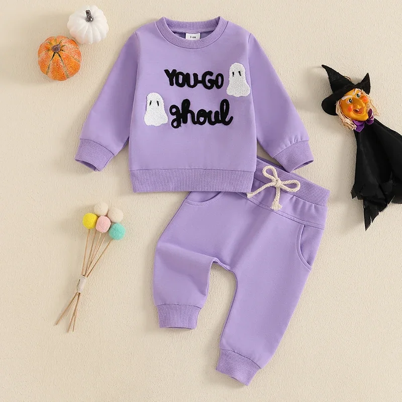 

Baby Halloween Clothing Sets Cotton Toddler Girls Clothes Spring Autumn Letter Ghost Embroidery Tops+Pants 2PCS Casual Outfits