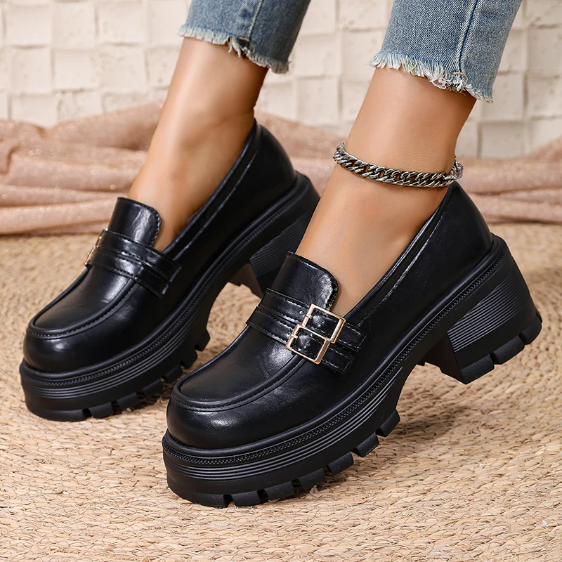 

British Style Platform Loafers for Women Plus Size 42 Round Toe Pu Leather Single Shoes Woman Thick Bottom Oxfords Zapatos Mujer