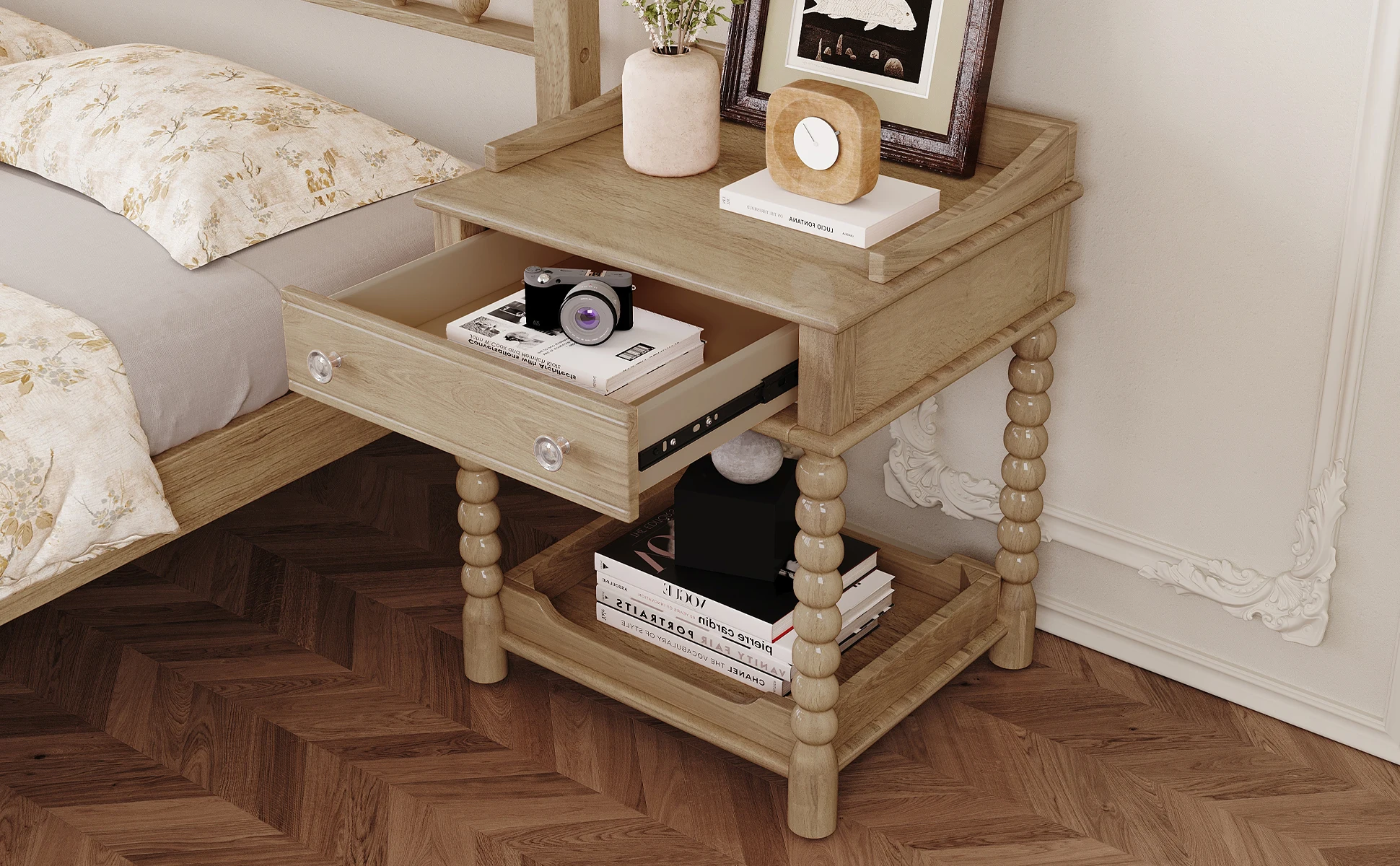 Modern Bedside Cabinet With Open Shelf Storage Turned Legs Metal Handle Natural Wood Top MDF Bedroom Furniture