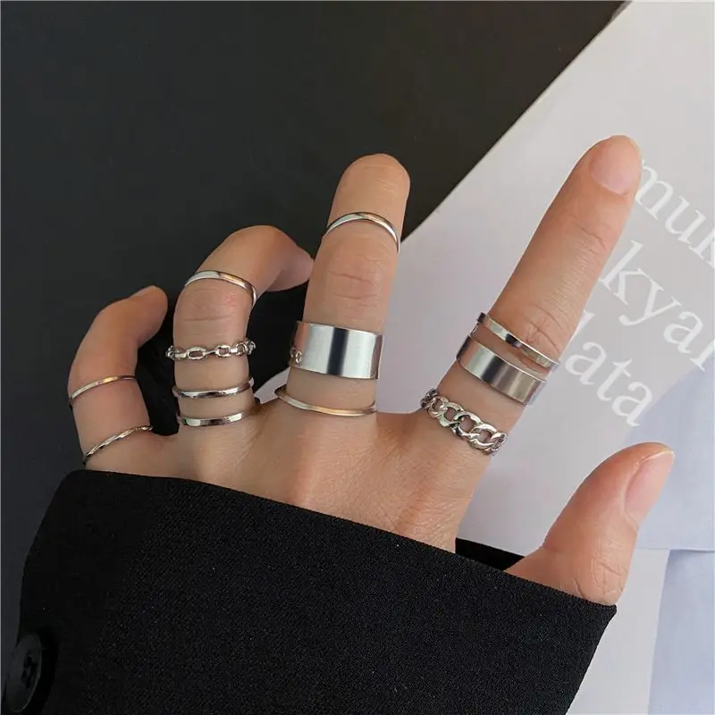 10 Pcs/set Minimalist Ring Sets For Women Men Punk Chain Finger Tail Rings Gold Color Silver Color Wide Ring Personality Jewelry