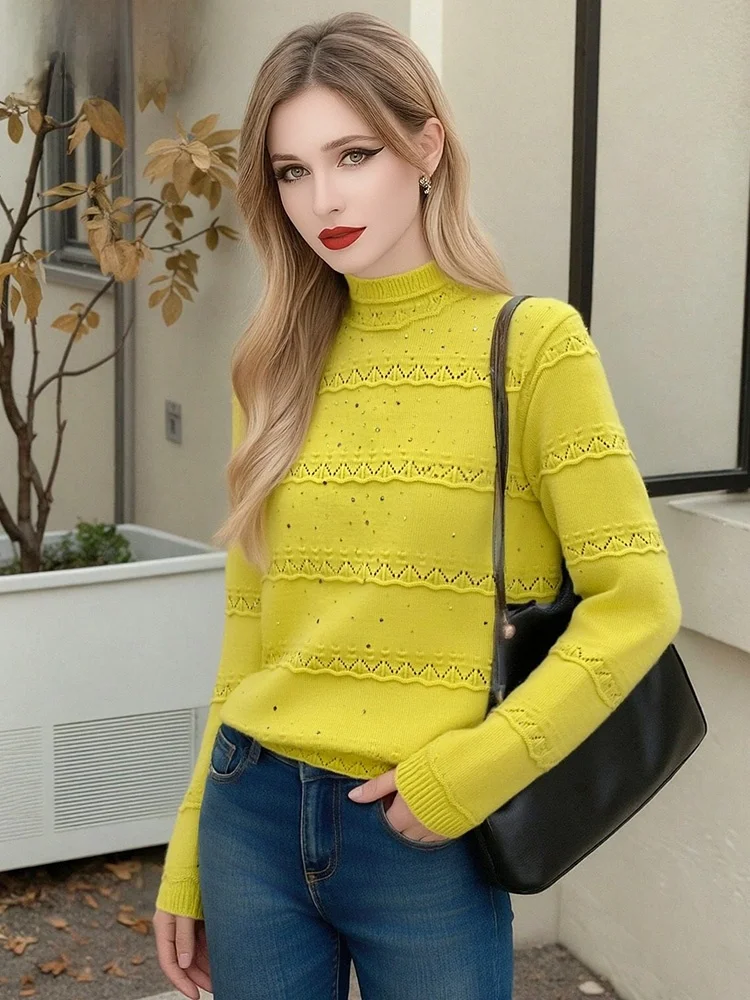 Red Rhinestone Embellished round Neck Knitwear Women's Winter Basic Versatile Casual Style Long Sleeve Knitted Top