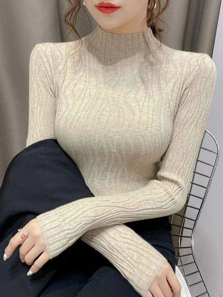

Faionable Long Sve Knitted Sweater f High Collar Base irt Color Slimming Versatile Top for Autumn Winter Women