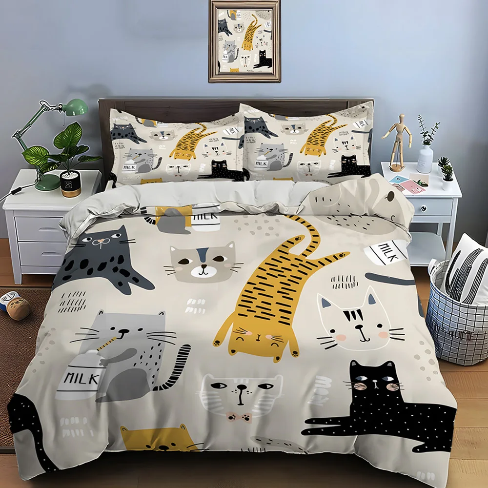 Cute cartoon cats and milk bottles Pattern Duvet Cover Set Digital Print Polyester Bedding with Zipper Closur for kids gifts