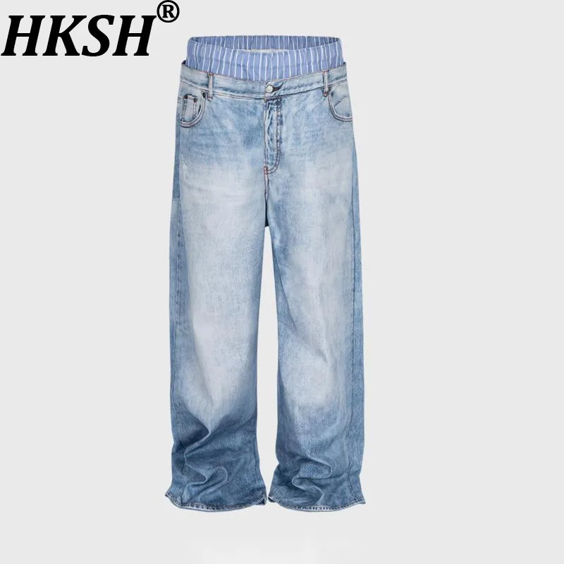 

HKSH Autumn New Men Tide 3D Print Double Waist Patchwork Jeans Women Straight Washed Vintage Denim Pants Avant-Garde Ins HK18748