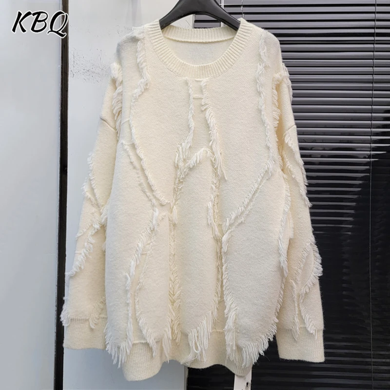 KBQ New Solid Knitting Casual Sweater For Women O Neck Long Sleeve Patchwork Tassel Temperament Pullover Knitwear Female Fashion