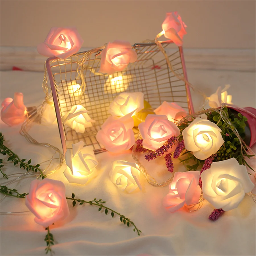 

PAMNNY 10/20/40LED Rose Flower String Lights Battery Powered Christmas Garland Fairy Lights for Valentine's Day Party Decoration