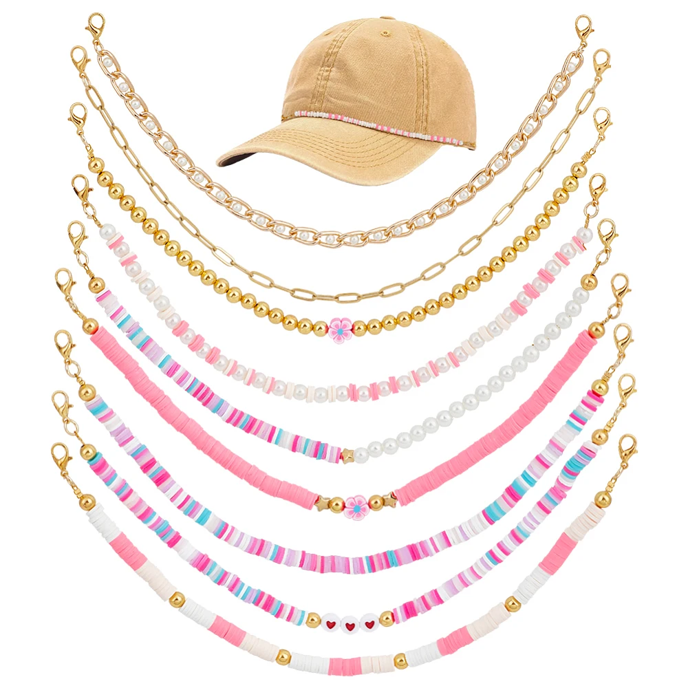 9pcs Trucker Hat Chains Bulk Pink Gold Hat Decorations 10.2-10.6in Charms Hat Jewelry for Baseball Caps Beach Trips Parties