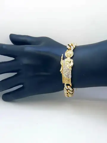 Gorgeous Rhinestone Gold Plated Color Cuban Chain St. Jude San Judas Bracelet