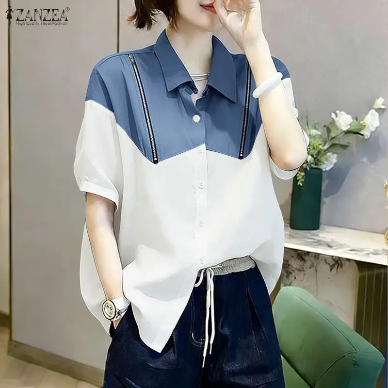 

Женские рубашки ZANZEA с короткими рукавами и контрастными вставками, с отложным воротником, на пуговицах, летние шикарные блузки с молнией, женские рубашки