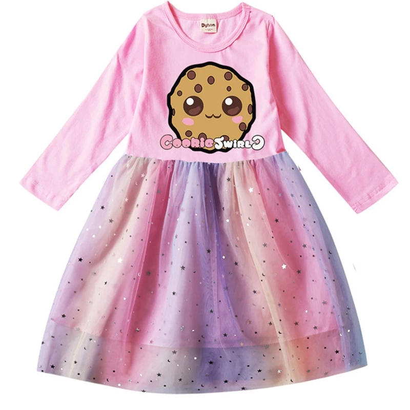 Baby Girls Cookie Swirl C Dresses Kids Cute Cartoon Costume Sequin Mesh Carnival Vestidos Children Long Sleeve Casual Dress