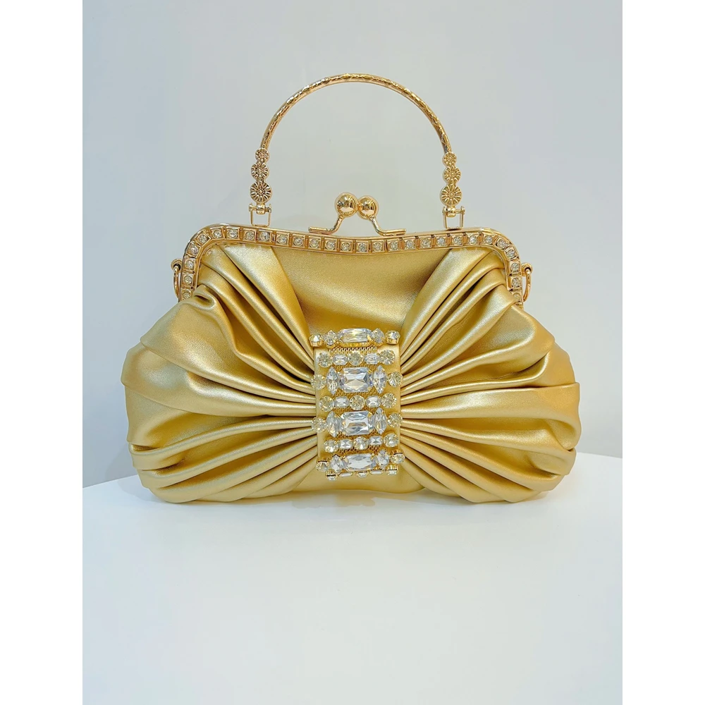 

2025 New Luxury Women's Evening Bag Handmade Diamond-encrusted Banquet Party Pleated Bow Shoulder Crossbody Handbag