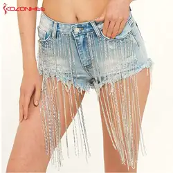 Pantalones cortos de mezclilla inelásticos con agujeros para mujer, pantalones cortos femeninos con cintura alta, correas de cadena de diamantes, borla, pantalones vaqueros de verano para mujer