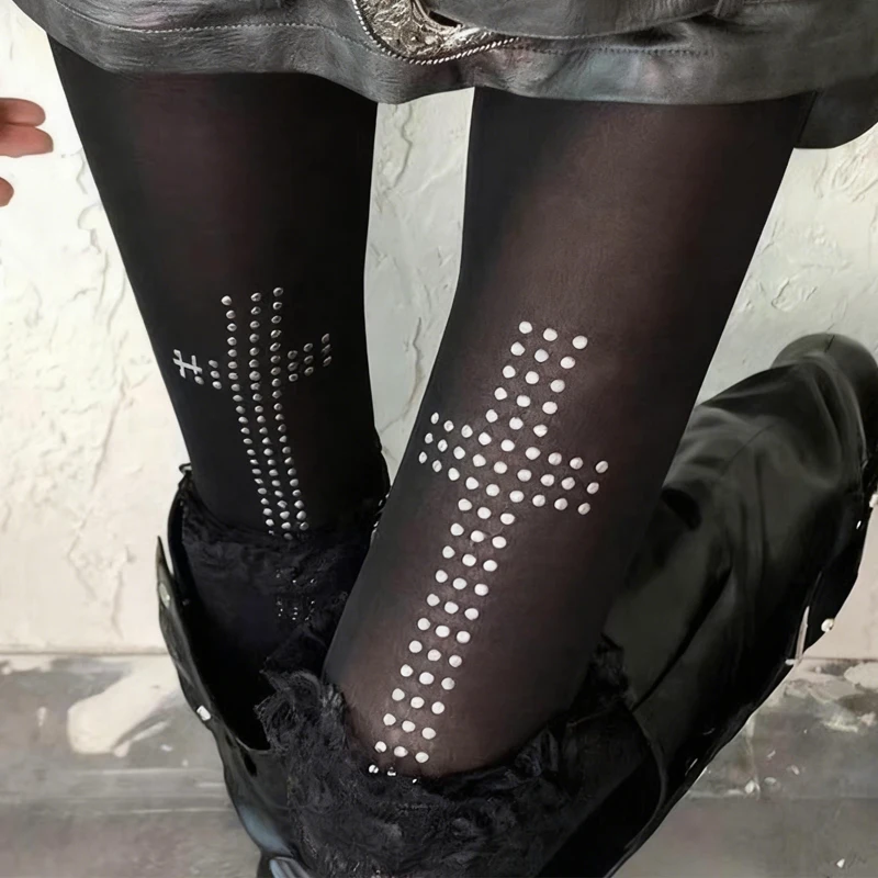 

Ретро чулки с бриллиантами и крестом, женские черные шелковые сексуальные узкие леггинсы, эластичные готические хип-хоп уличные повседневные колготки для косплея Y2K