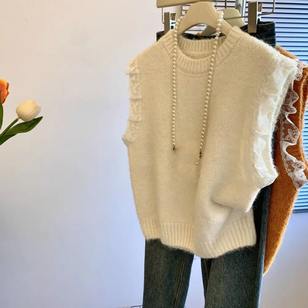 

Fashion Round Neck Lace Sleeveless Sweater Solid Color Pullover Knitted Waistcoat Top Sweet Korean Style Knitwear Women Female