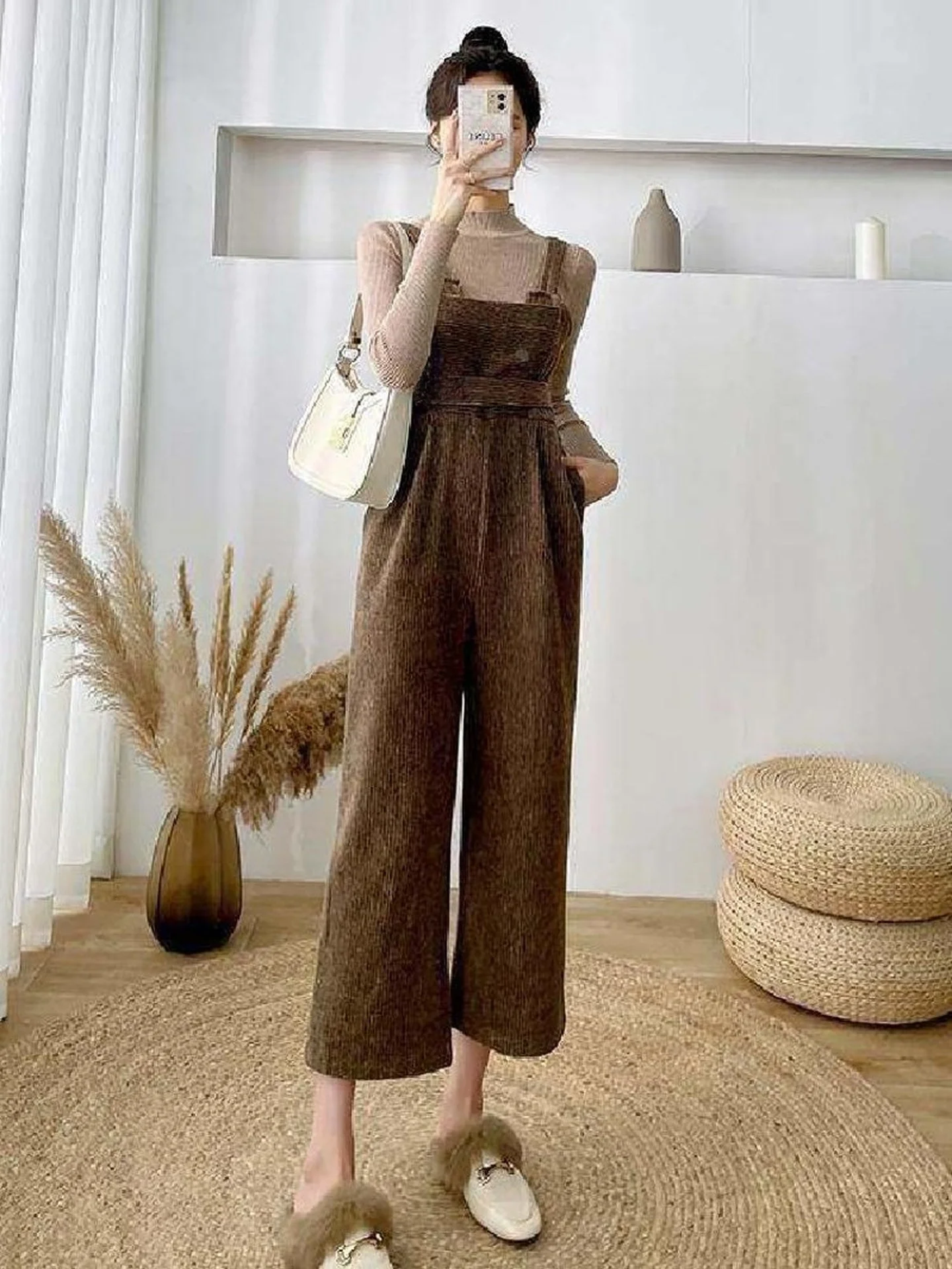 

Women's Woolen Wide Leg Pants High Waist Thiened Autumn Winter Coffee Color Overalls Two-Piece Set Commute Sle Long Sve