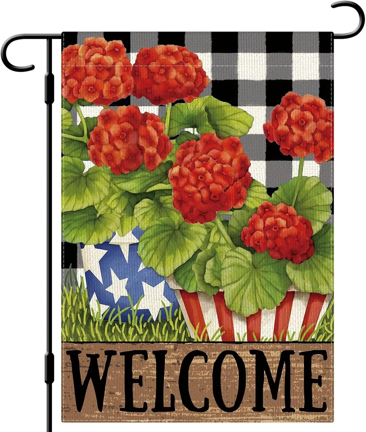 DLZDN Welcome 4th of July Geranium Patriotic Garden Flag 12x18 Inch Vertical Double Sided Red Flowers Yard Outside Decorations M