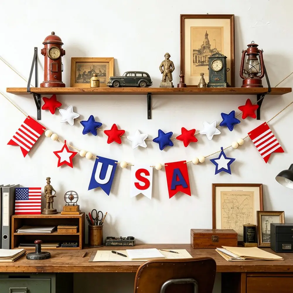 Patriotic USA Banner Felt Garland With Wooden Beads Hanging Ornament For July Fourth Holiday Party Home Wall Decoration