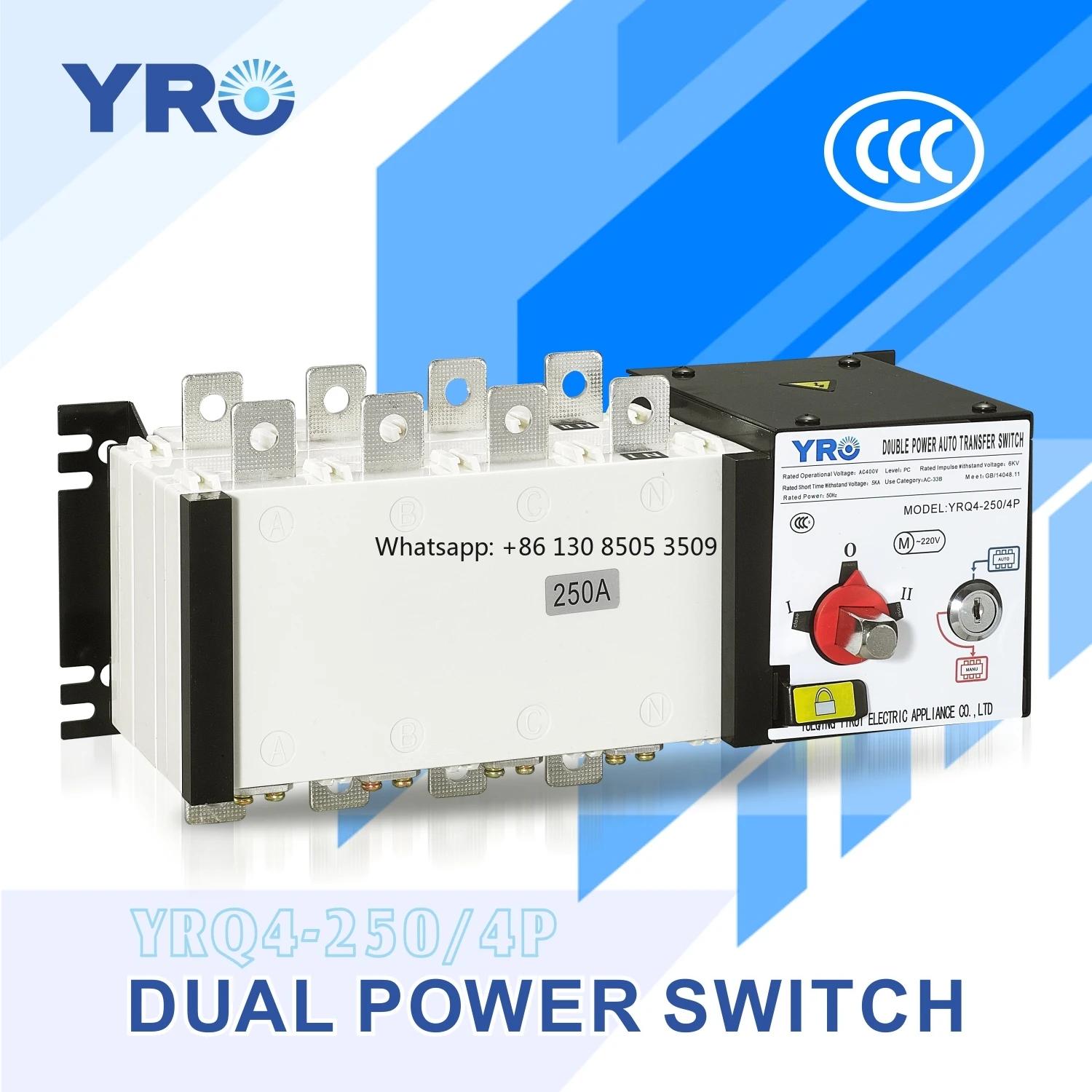 

YRO ATS 4P Automatic Transfer Switch 1000A Auto Dual Power Gear Manual Switch Lock & Changeover PC Type