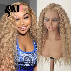 WIF Ash Blonde Kinky Curl Synthetic Wig Curl Wave Blonde Hair Heat Friendly Kinky Wavy Lace Front Wigs Women Makeup Daily Use