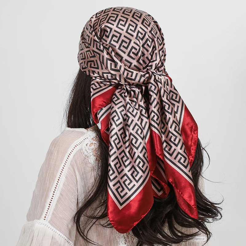 90cm Square Silk Scarf Top Headwraps Four Seasons Hair Foulard Luxury Bandana Femme Headscarf Women Wrap Hijab Accessories