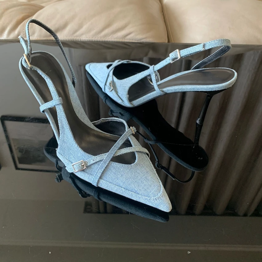 Sexy Pointed Toe High Heel Sandals for Lady Blue Denim Stilettos Fashion Buckle Strap Elegant Women\'s Shoes 2024 Summer Footwear