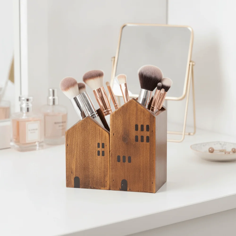 2PCS Wooden House Shape Pen Container Cartoon Polished Surface Cottage Shape Pen Holder Vintage Desktop Organizer Office