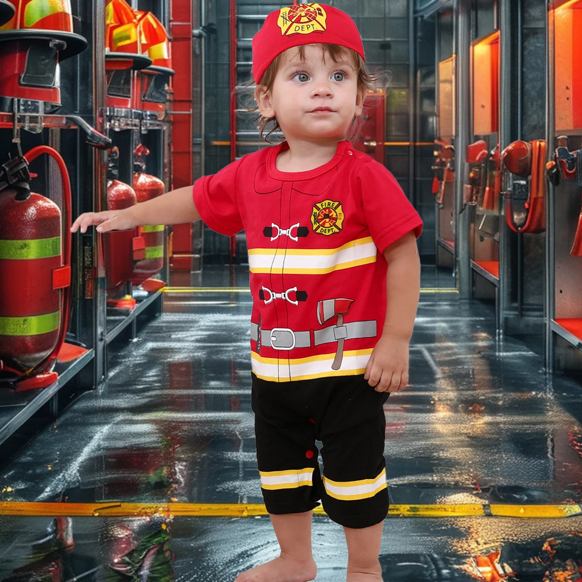 Baby Boys Halloween Costume Infant Newborn Fireman Romper with Hat Toddler Fire Fighter Cosplay Jumpsuit Outfit Ropa Bebe
