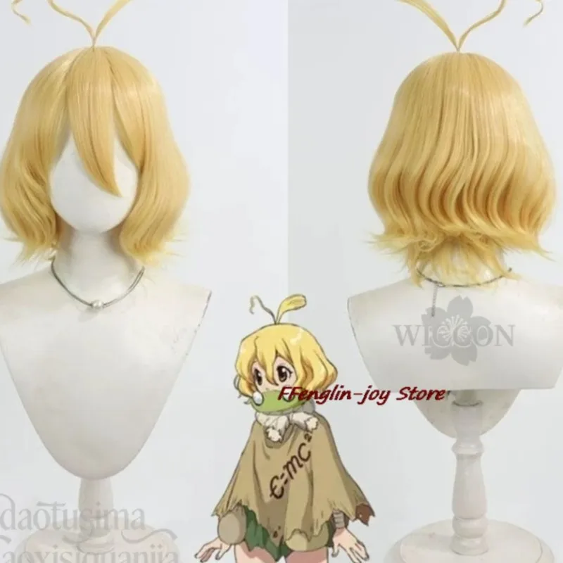 

Anime STONE Cosplay Suika Short Light Gold Curly Hair Blunt Bangs Kawaii Ahoge Synthetic Hair Badge Halloween Chris