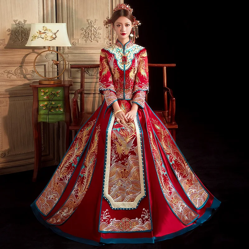 

2023 New Heavy Industry Chinese Traditional Wedding Groom Toast Dress Female Coat Thin Show Kimono Bride Xiuhe Skirt Tang Suit