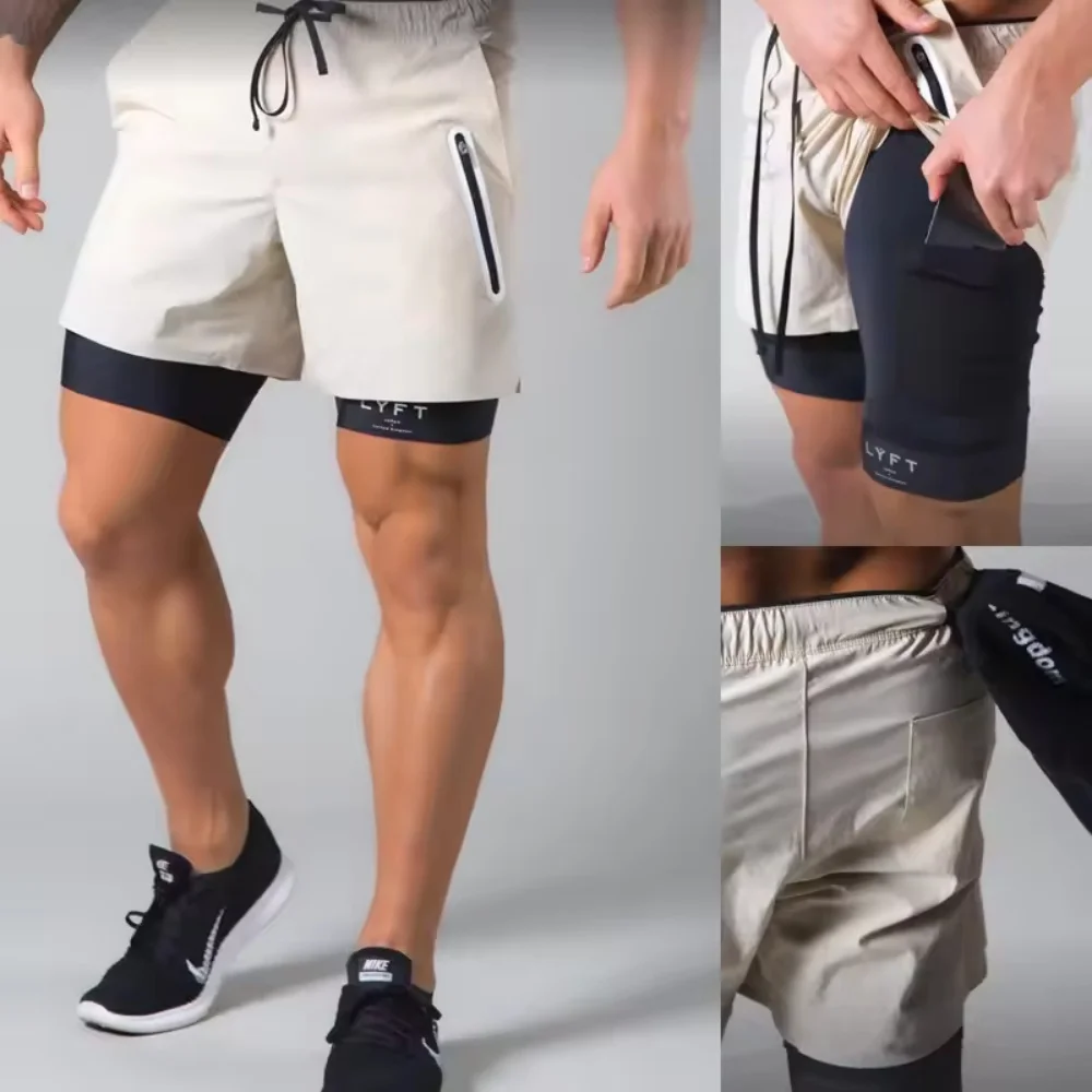 gym shorts Double-deck fitness sports shorts men summer quick drying breathable woven Shorts Men's 2 IN 1training Gyms clothing