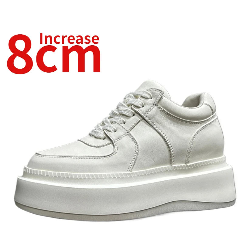 Genuine Leather Thick Bottom Design Sports Shoes for Women Increased 8cm Versatile Daily Use Lightweight Travel Casual Dad Shoes