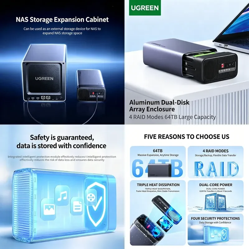 Brand for UGREEN NAS Accessory, RAID-Enabled Hard Drive Enclosure, Multi-bay for 2.5/3.5
