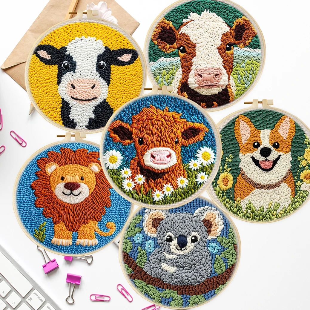 

Lovely Yarn Animal Punch Needle Embroidery Kit with Yarn for Beginners DIY Needlework Wool Sewing Accessories Home Decor