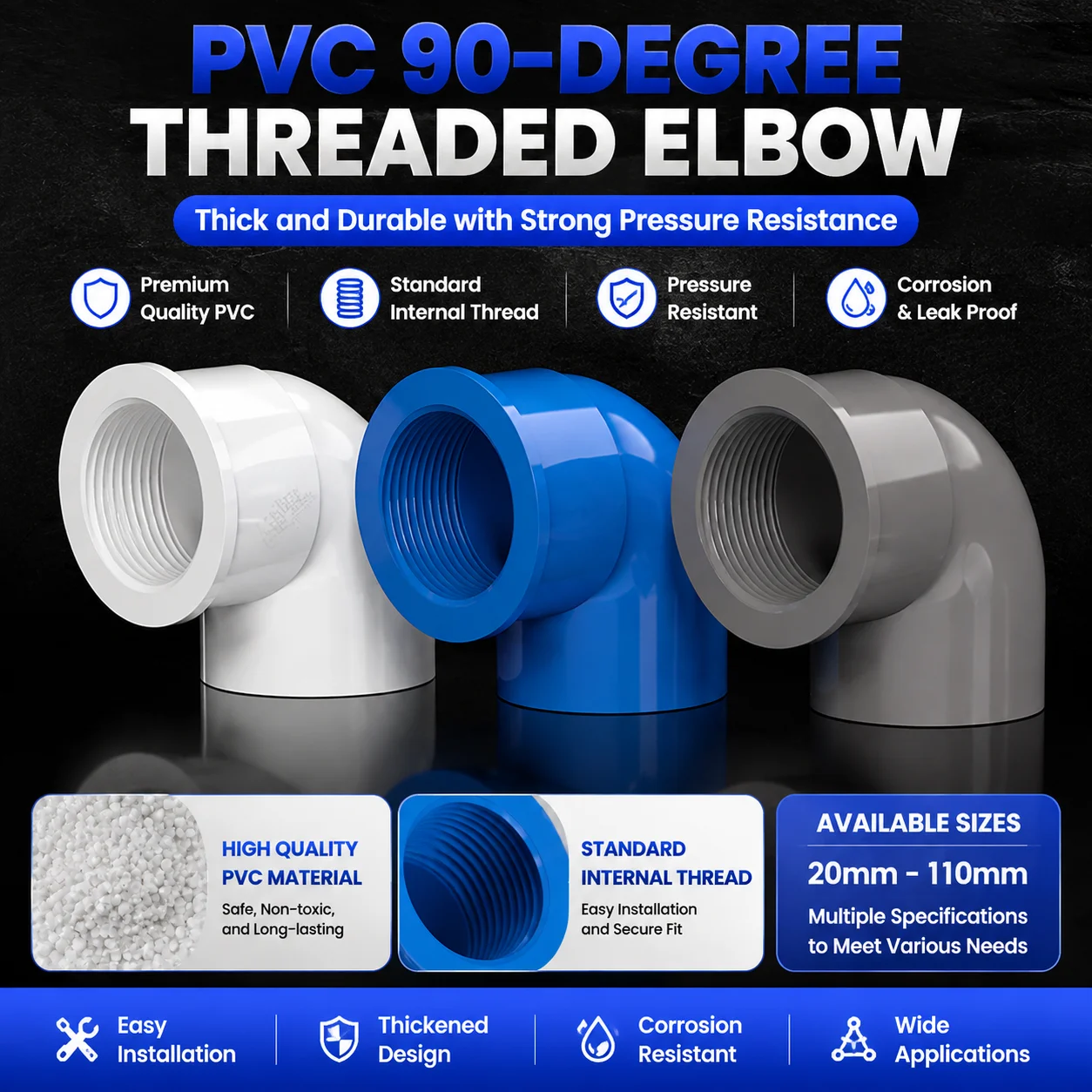 UPVC Equal Tee PVC Pipe Fitting Chemical Water Supply Tee Joint Corrosion Resistant Plumbing Adapter/20mm-110mm