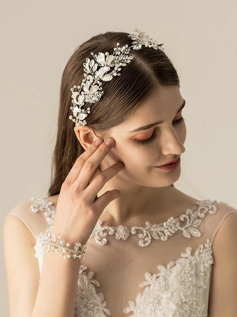 

Vintage Flash Diamond Bridal Wedding Gift Headband Hair Accessories, Leaf Silver Rhinestone Premium Sense